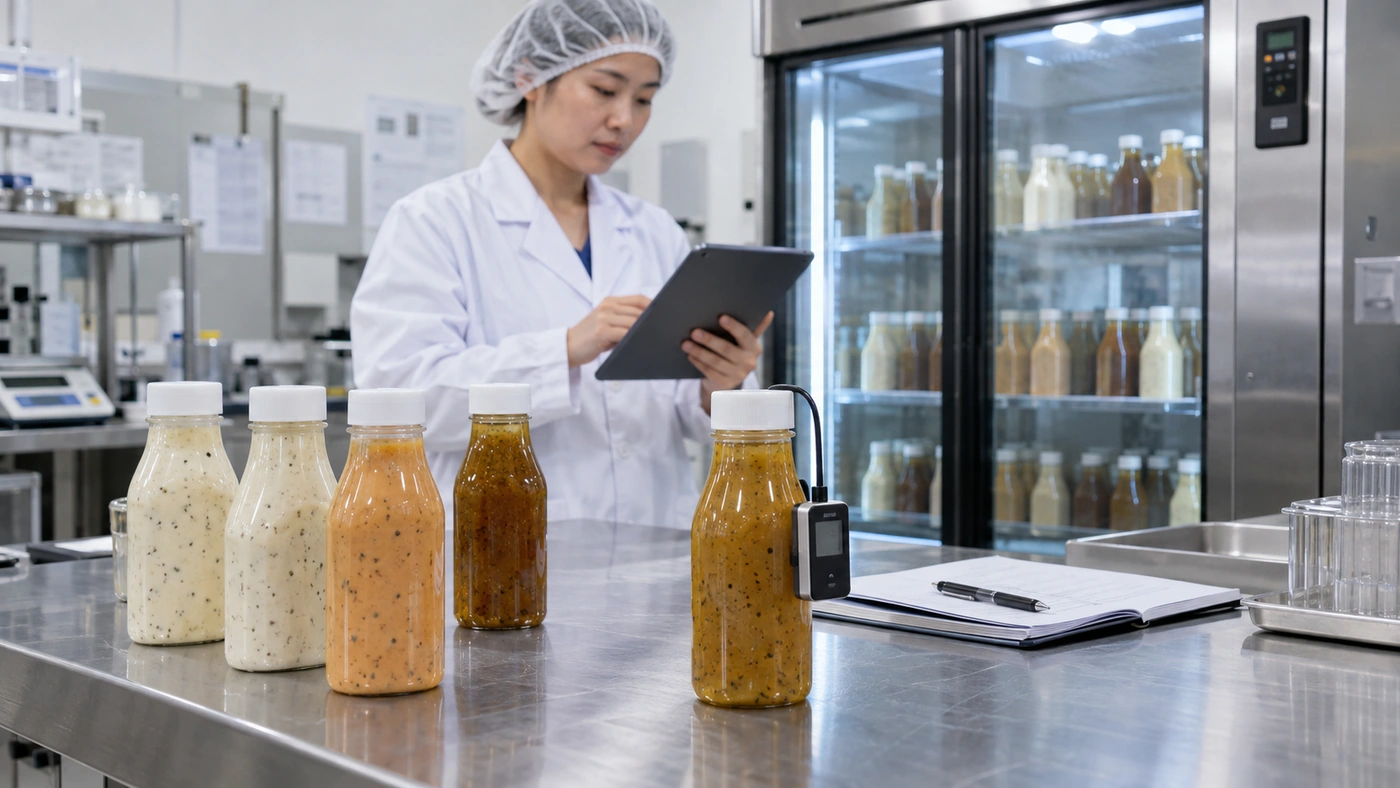 Refrigerated probiotic salad dressing bottles undergoing cold-chain packaging validation with a temperature data logger