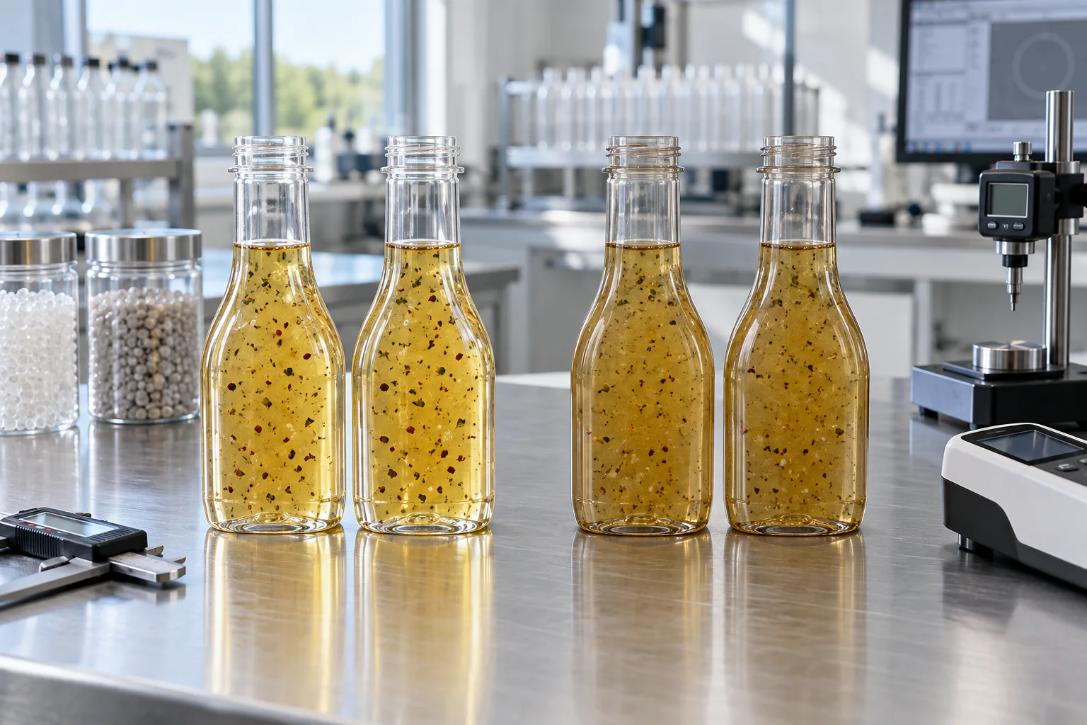 Matched 30 percent and 100 percent rPET salad dressing bottles under quality inspection for clarity and production consistency