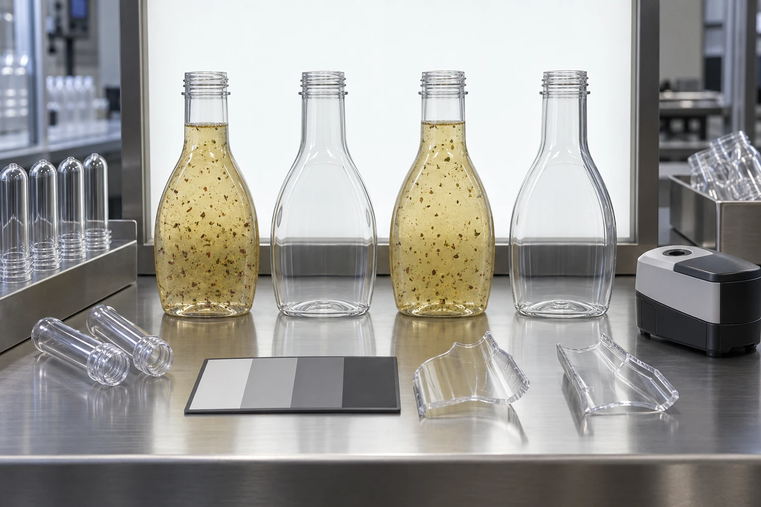Quality inspection of matched rPET salad dressing bottles for haze, tint and visible particle consistency