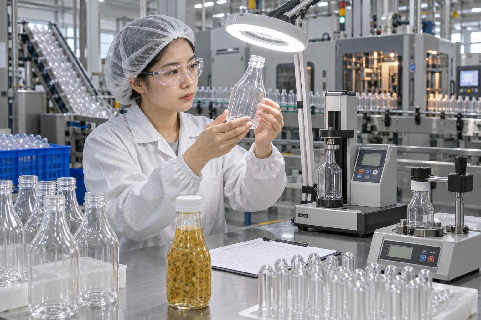Chinese packaging quality engineer checking an rPET salad dressing bottle with production inspection equipment