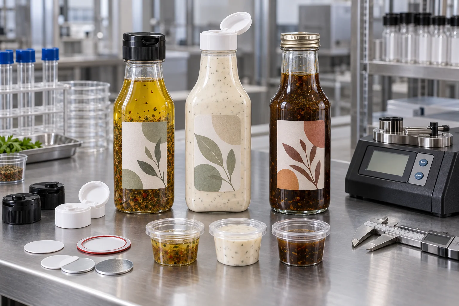 PET polypropylene and glass salad dressing bottle closures prepared for liner torque and leak validation