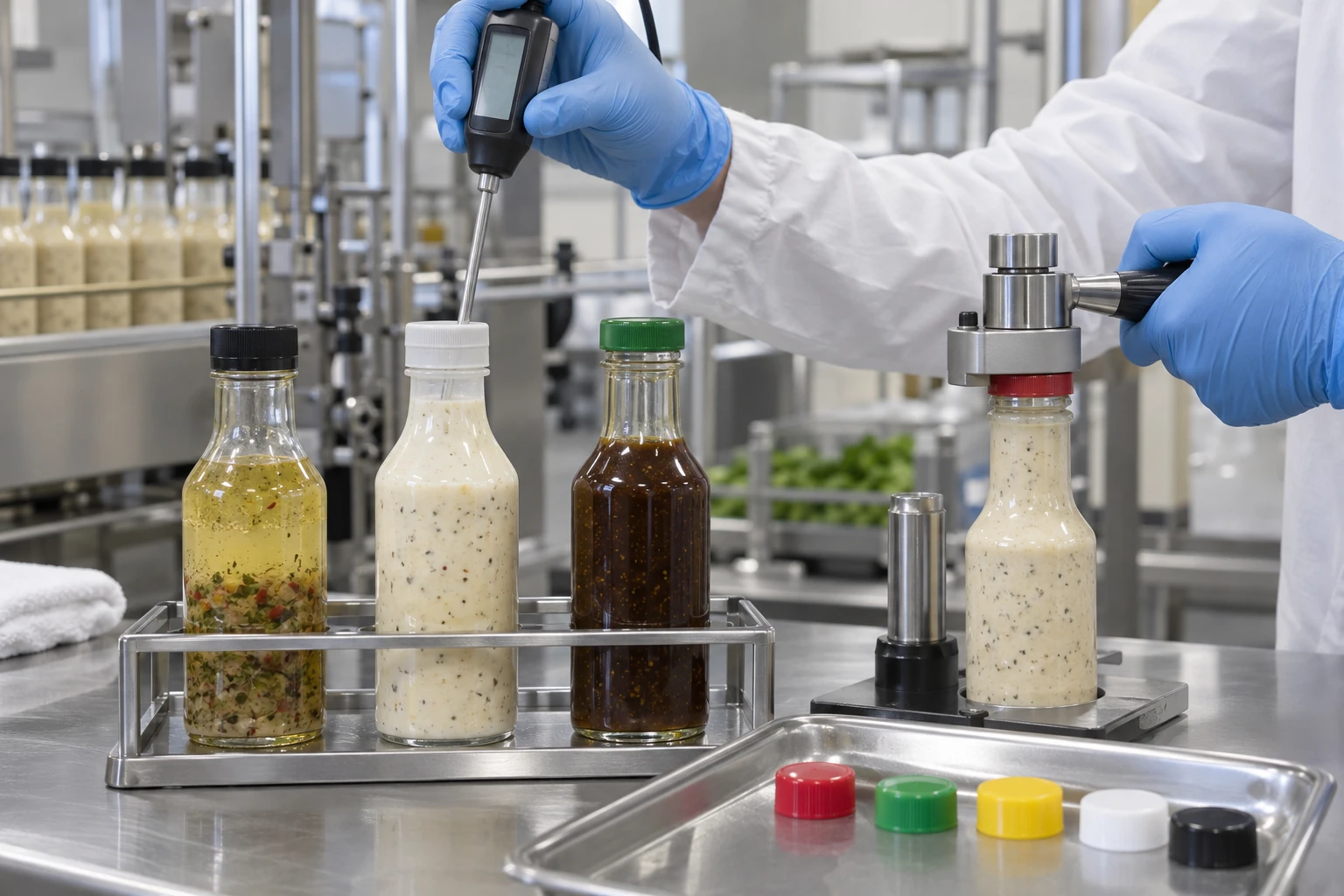 Packaging technician checking salad dressing bottle fill temperature and closure torque during a material trial