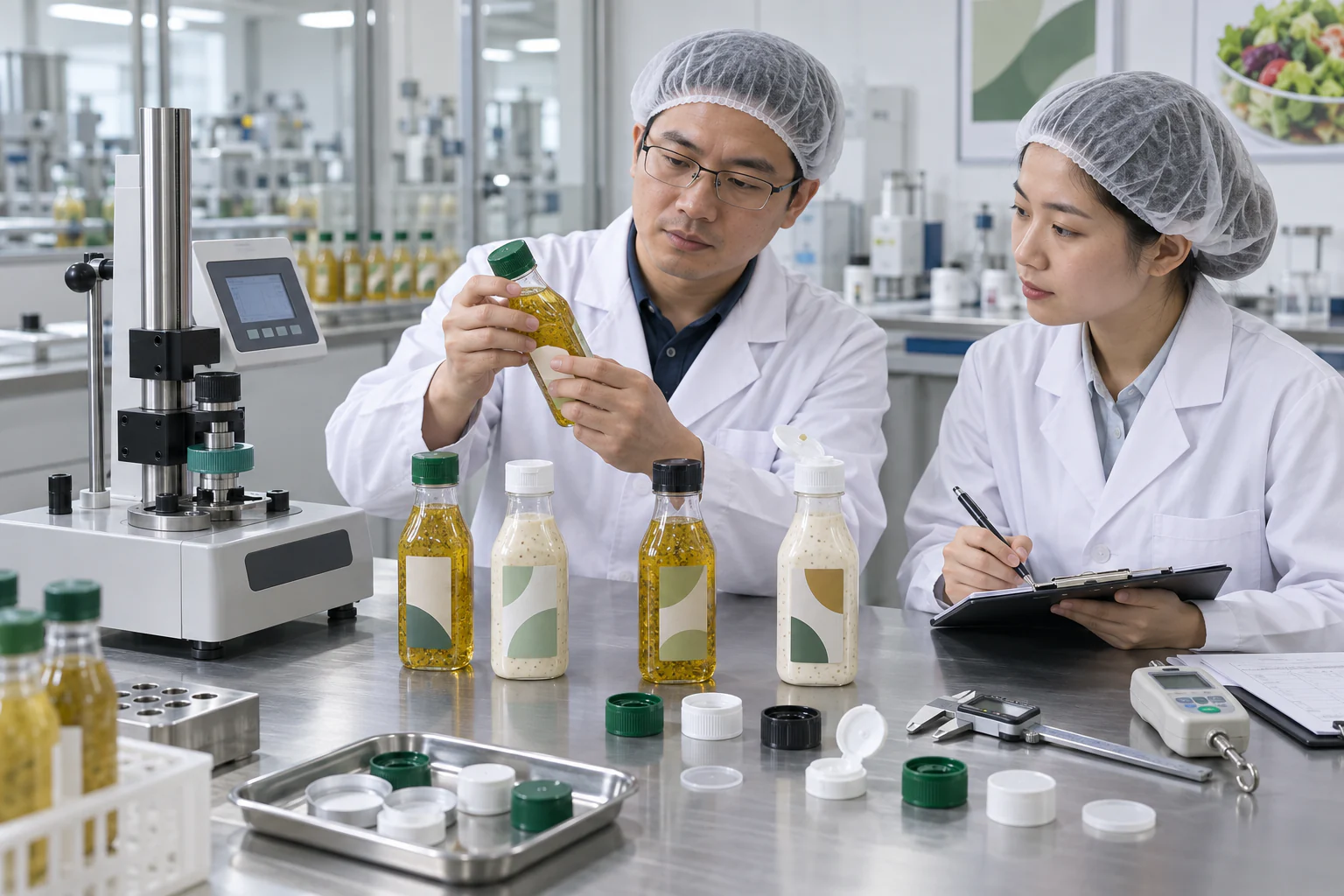 Chinese packaging engineers validating salad dressing bottle closures with torque and dimensional test equipment
