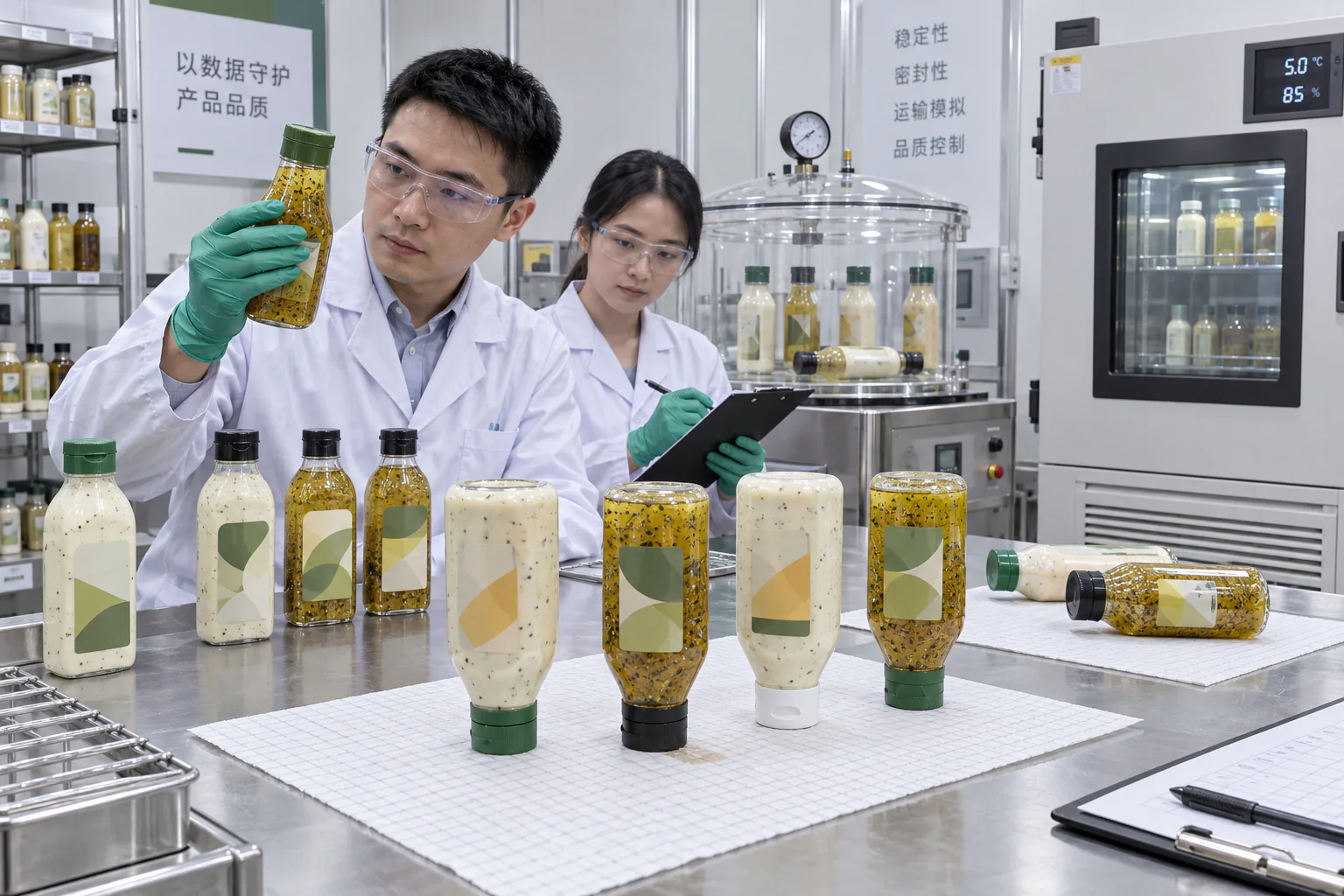 Chinese quality engineers performing cap-down and vacuum leak tests on salad dressing bottles