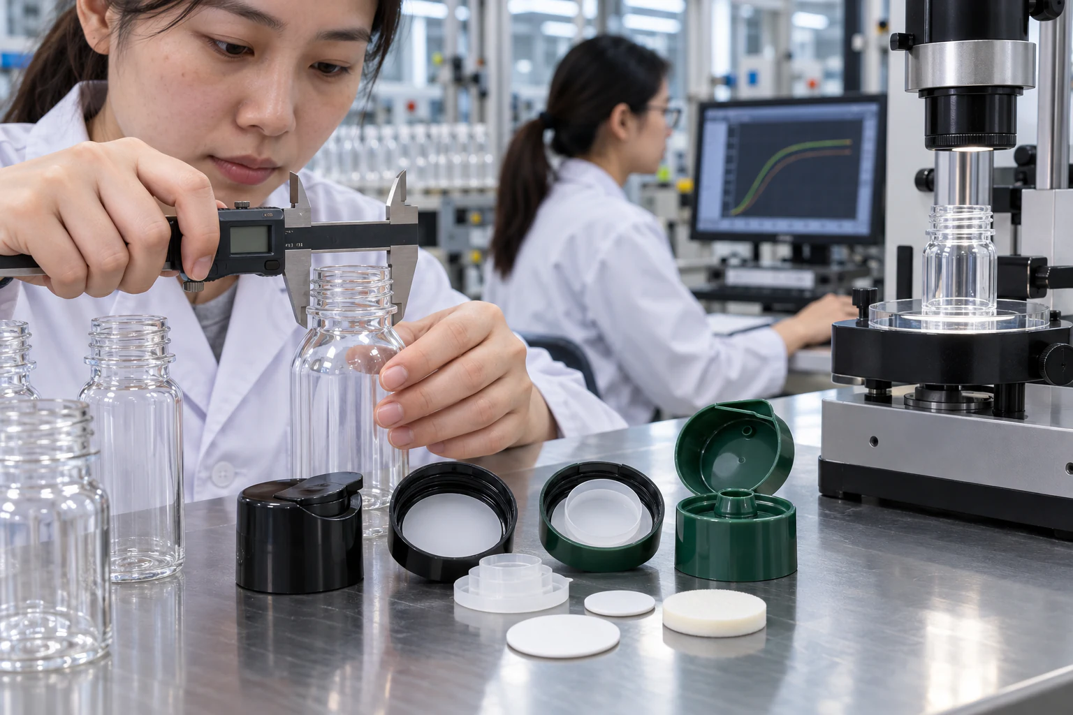 Chinese packaging engineer measuring salad dressing bottle threads and snap-on closure features