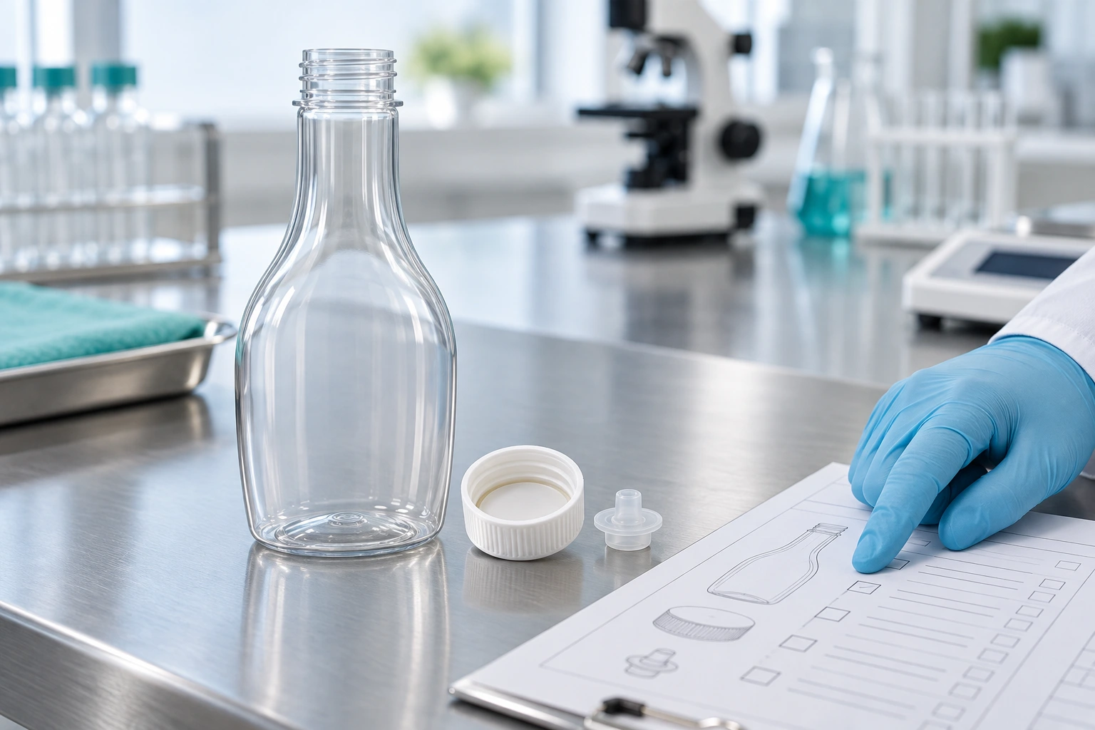 Plastic bottles, caps and closures arranged as production samples for a food-contact compliance-file review