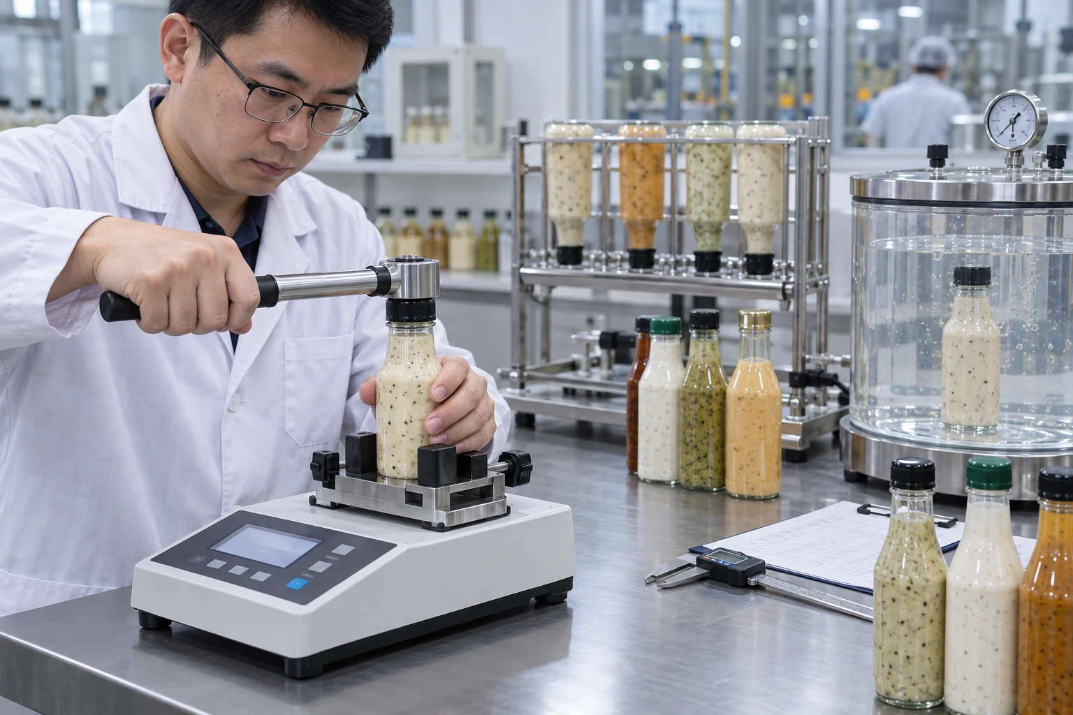 Chinese quality engineer checking cap torque, inverted leakage and vacuum decay on filled salad dressing bottles