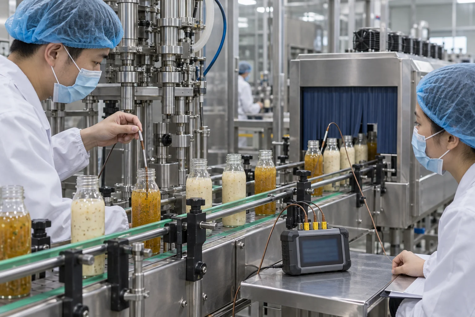 Chinese packaging technicians recording a thermal profile on filled salad dressing bottles during pilot-line cooling