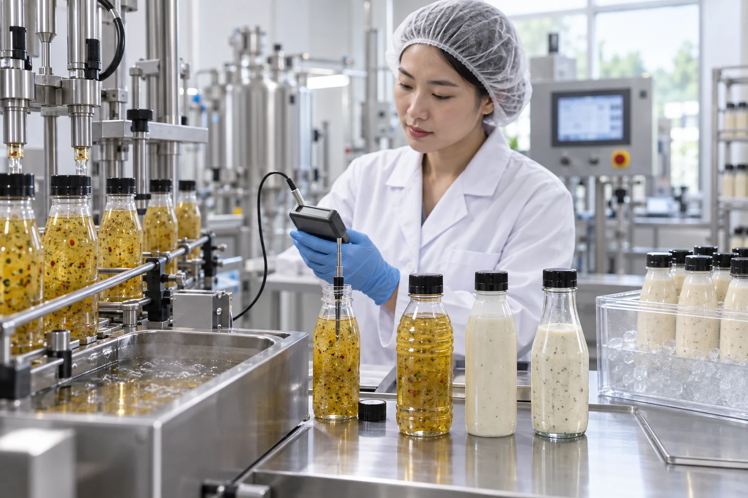 Chinese packaging engineer comparing hot-fill and cold-fill salad dressing bottles on a pilot-line validation bench