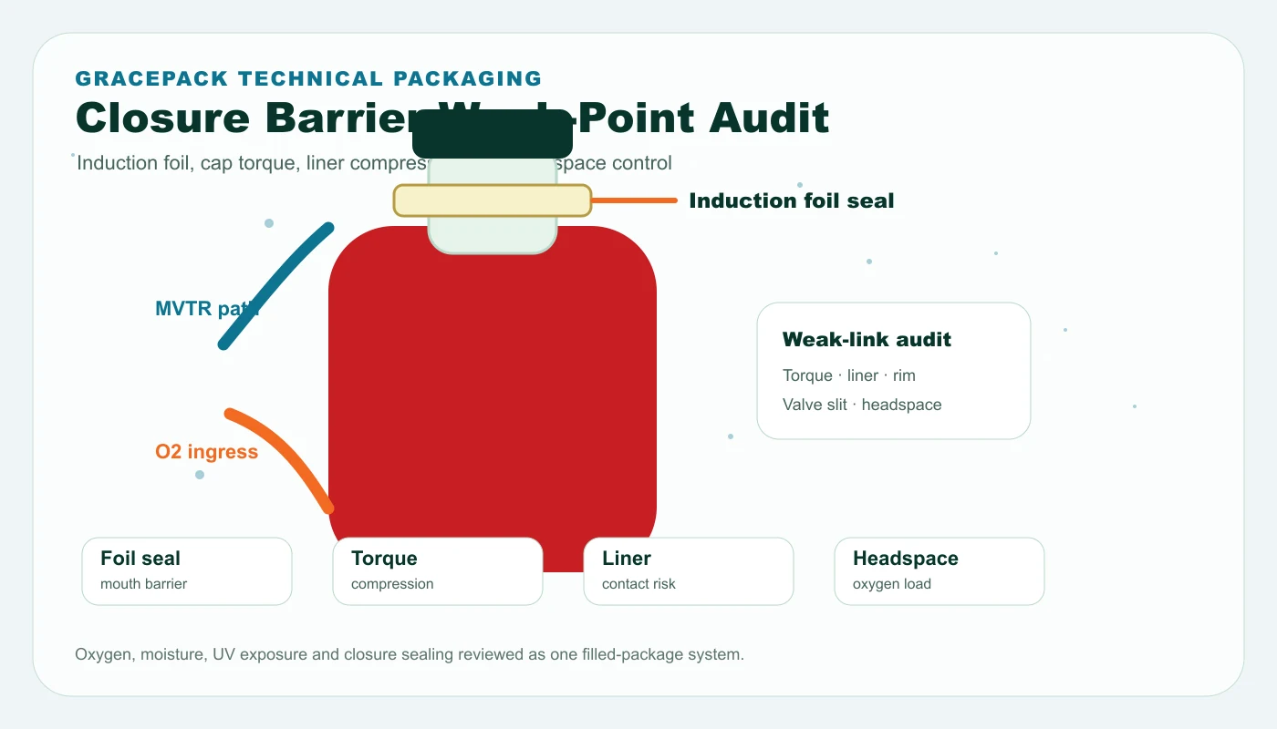 Induction foil seal and closure weak point audit for oxygen and moisture barrier in sauce bottles