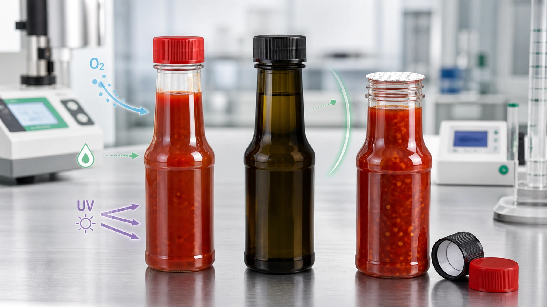 Realistic sauce bottle barrier sample review comparing clear PET dark UV blocking bottle and induction sealed condiment jar