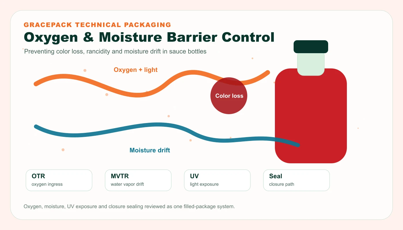 Oxygen and moisture barrier control for sauce bottles preventing color loss rancidity and moisture drift