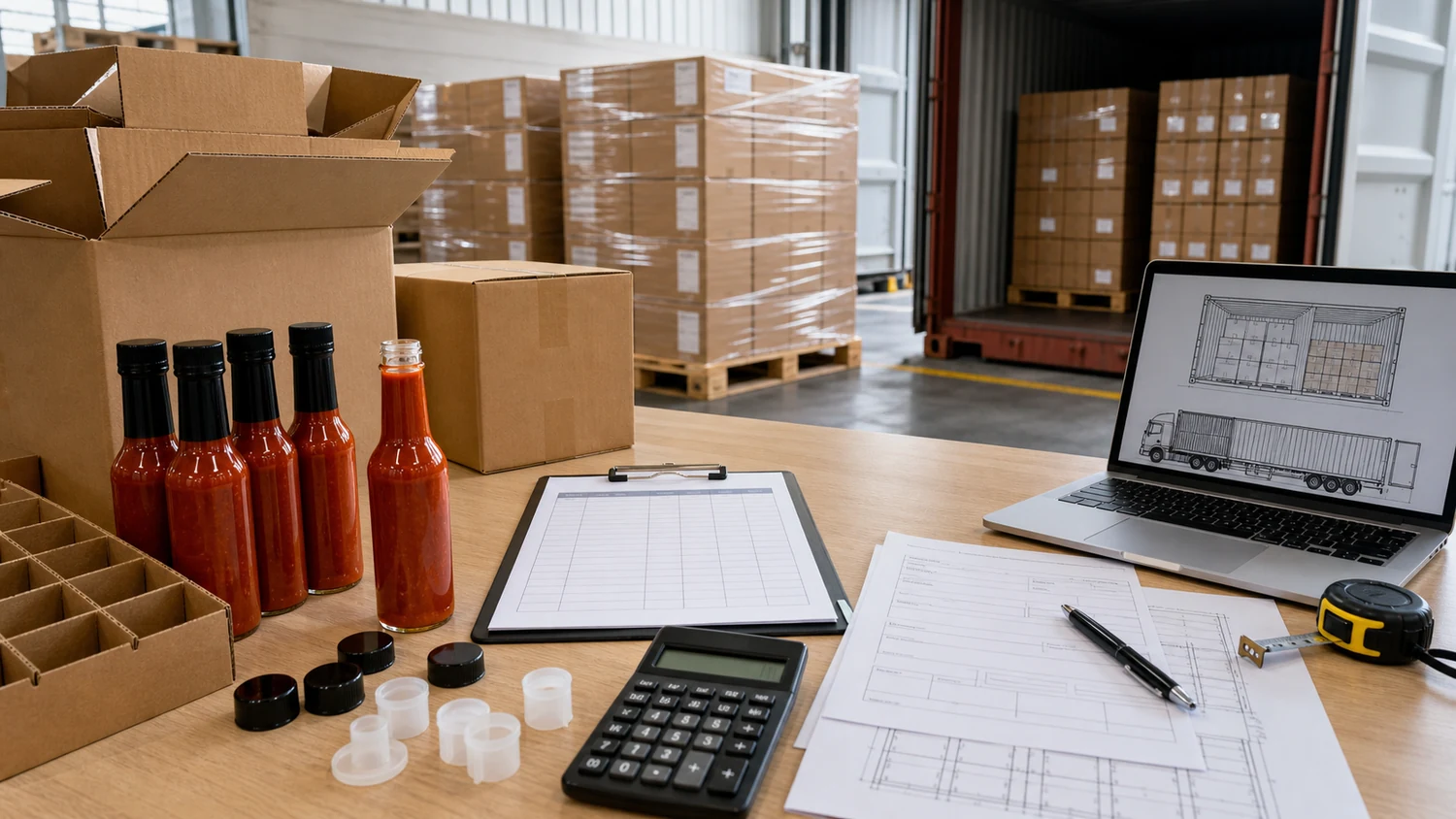 Hot sauce bottle landed cost planning with export cartons palletized goods calculator container loading sketch and cap samples