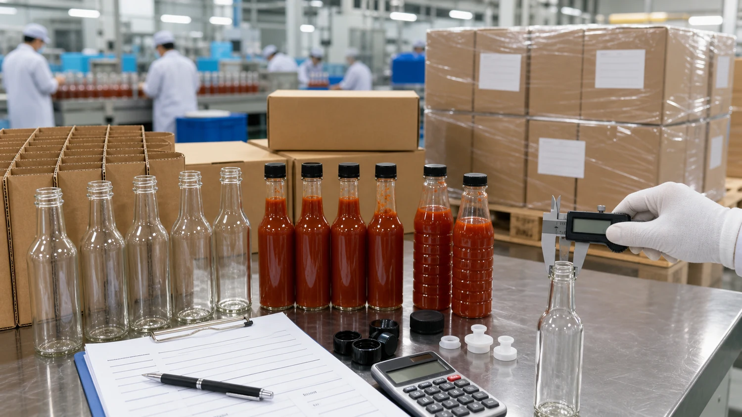 Chinese hot sauce bottle factory quote review with glass woozy bottles PET bottles caps cartons calipers and landed cost worksheet