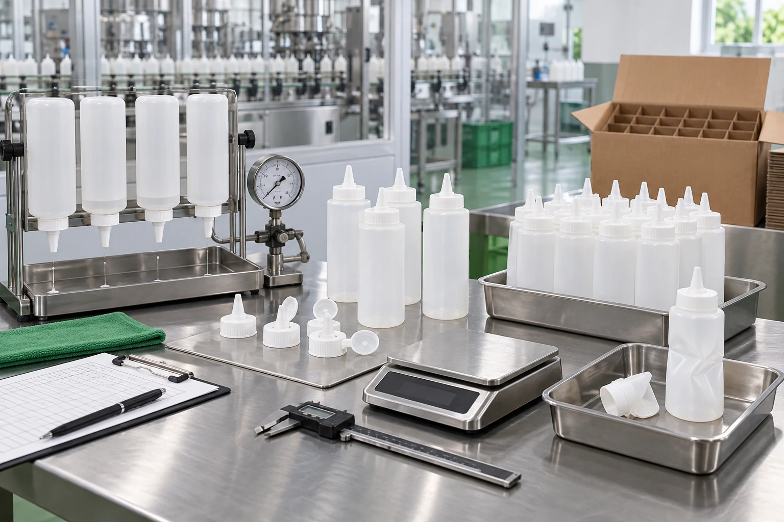 Squeeze bottles undergoing inverted leak testing and usable-unit quality inspection