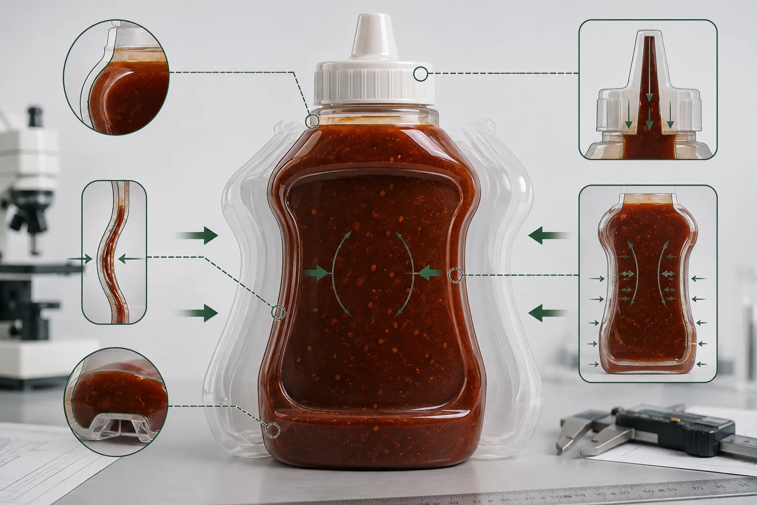 Wall thickness distribution and plastic memory recovery in a thick BBQ sauce squeeze bottle