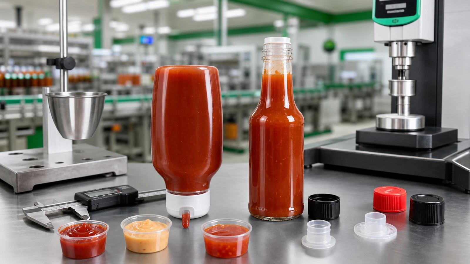 Squeeze valves and orifice reducers compared on a sauce packaging engineering bench with spicy condiment samples