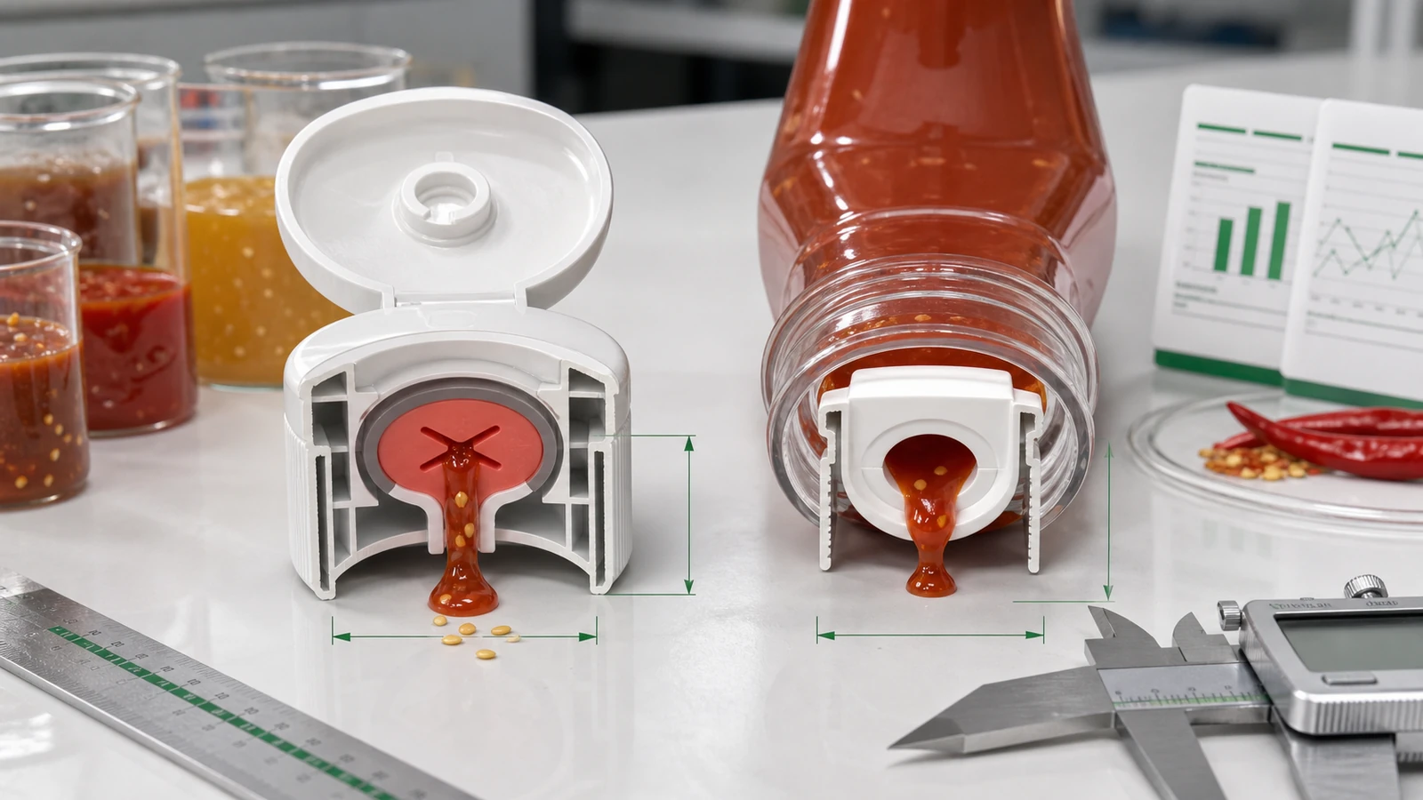 Cutaway comparison of silicone squeeze valve and orifice reducer flow control for spicy condiments