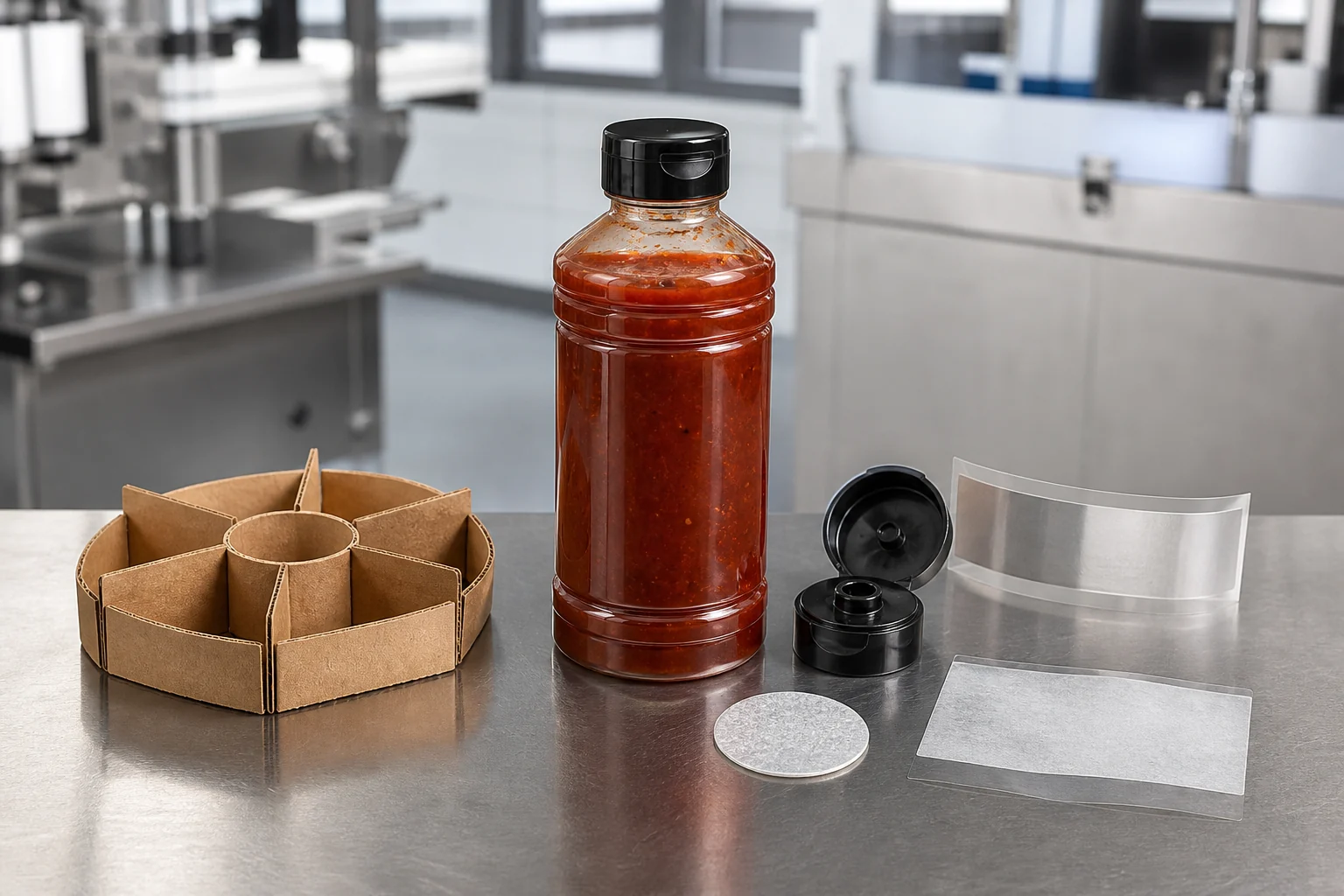 Circular BBQ sauce bottle system with PET bottle cap induction seal wash off label and carton divider