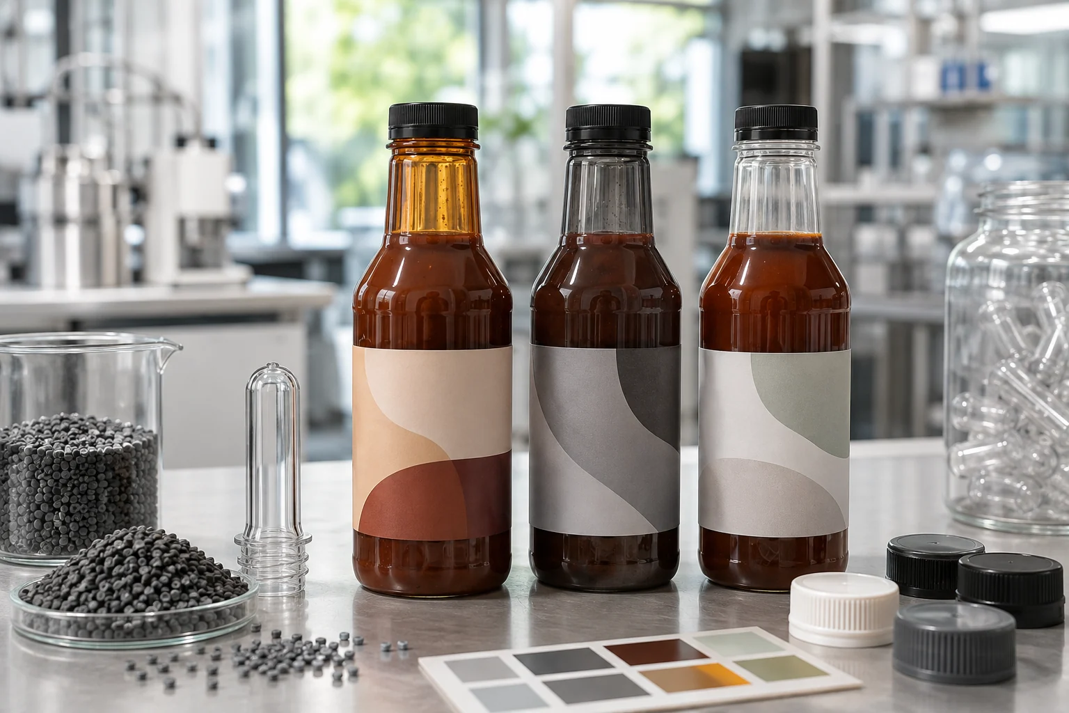 Sustainable BBQ sauce bottles in clear amber and smoked rPET with recycled pellets and cap samples