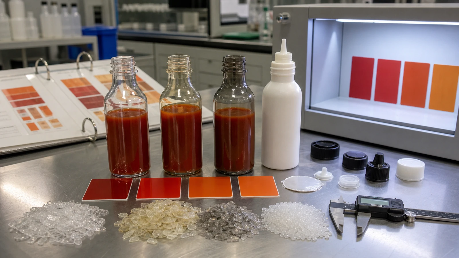 PCR hot sauce bottle material comparison with rPET tint induction seal caps and dimensional inspection tools
