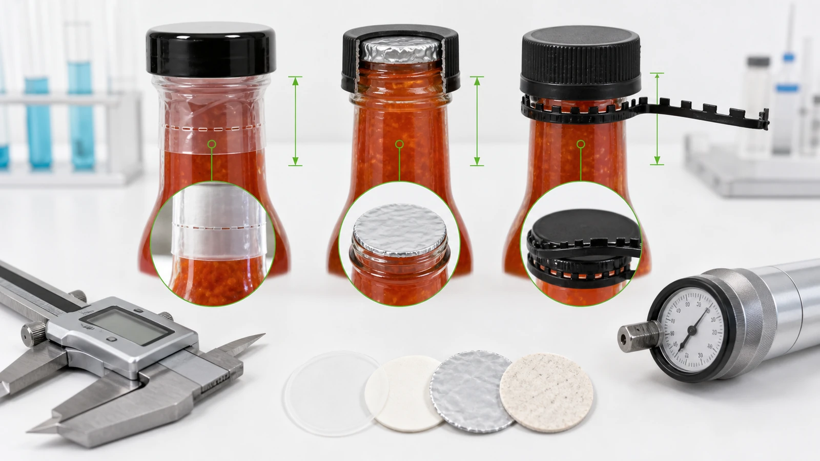 Neck band induction seal and tear cap comparison for tamper-evident hot sauce bottles
