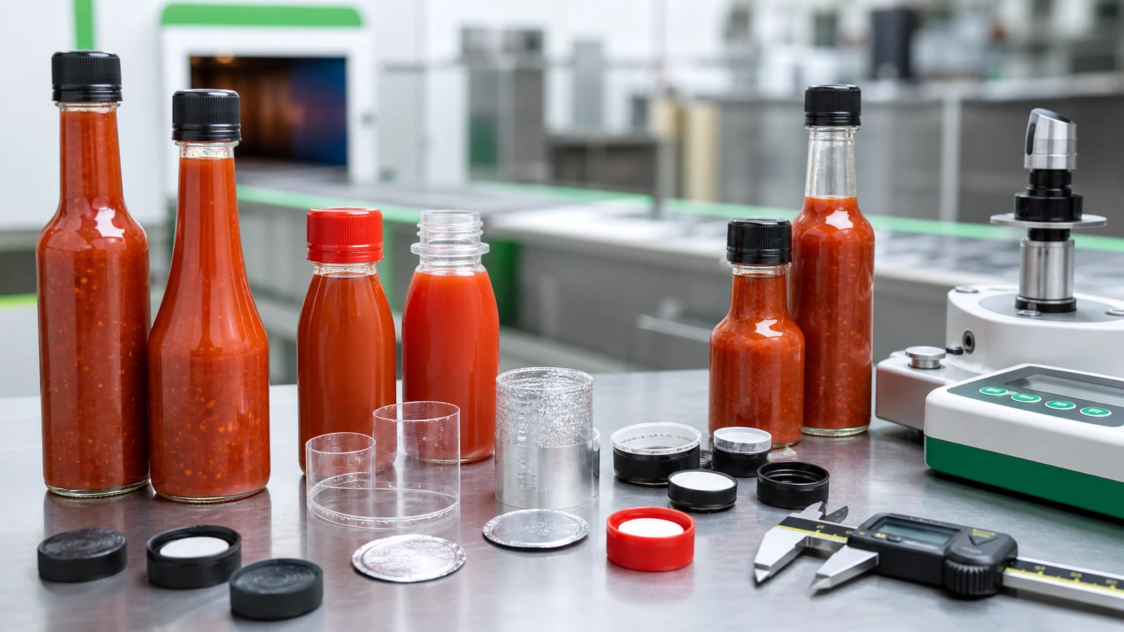 Tamper-evident hot sauce packaging with neck bands induction seal liners tear caps and bottle closure samples
