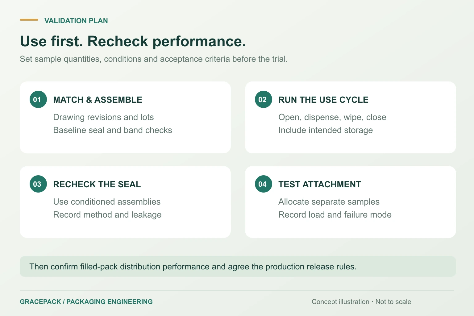Validation workflow from matched components through repeated use to separate sealing, retention and distribution checks