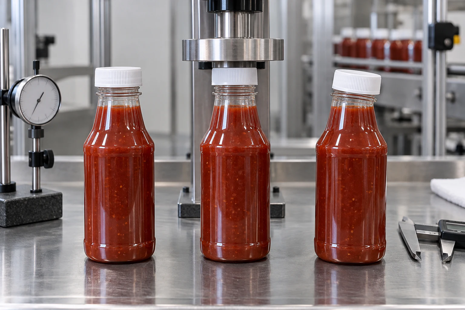 Comparison of straight sauce bottle neck compressed neck and cocked cap during capping downforce testing