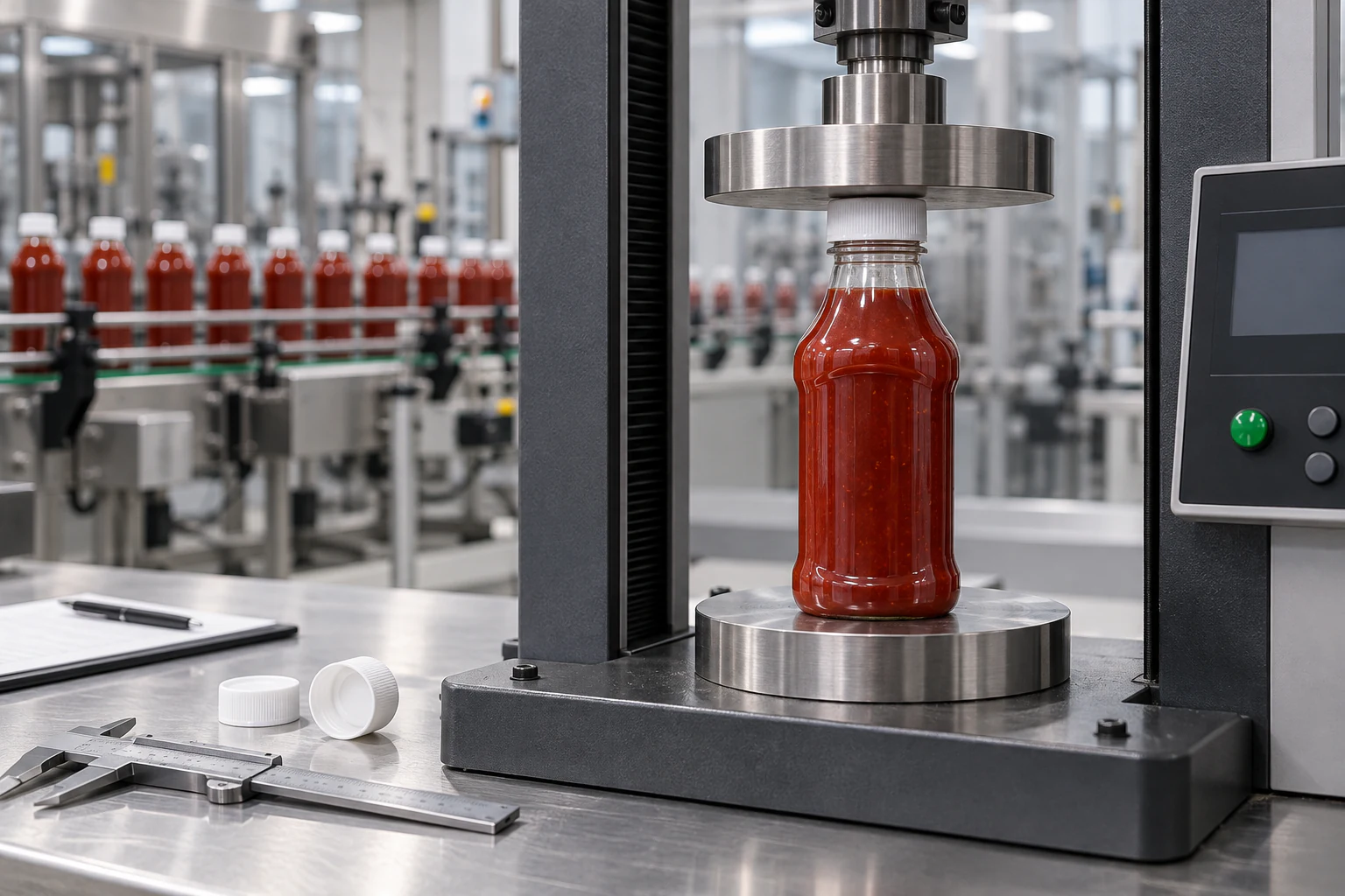 Clear plastic sauce bottle undergoing top-load compression testing before high-speed capping-line qualification