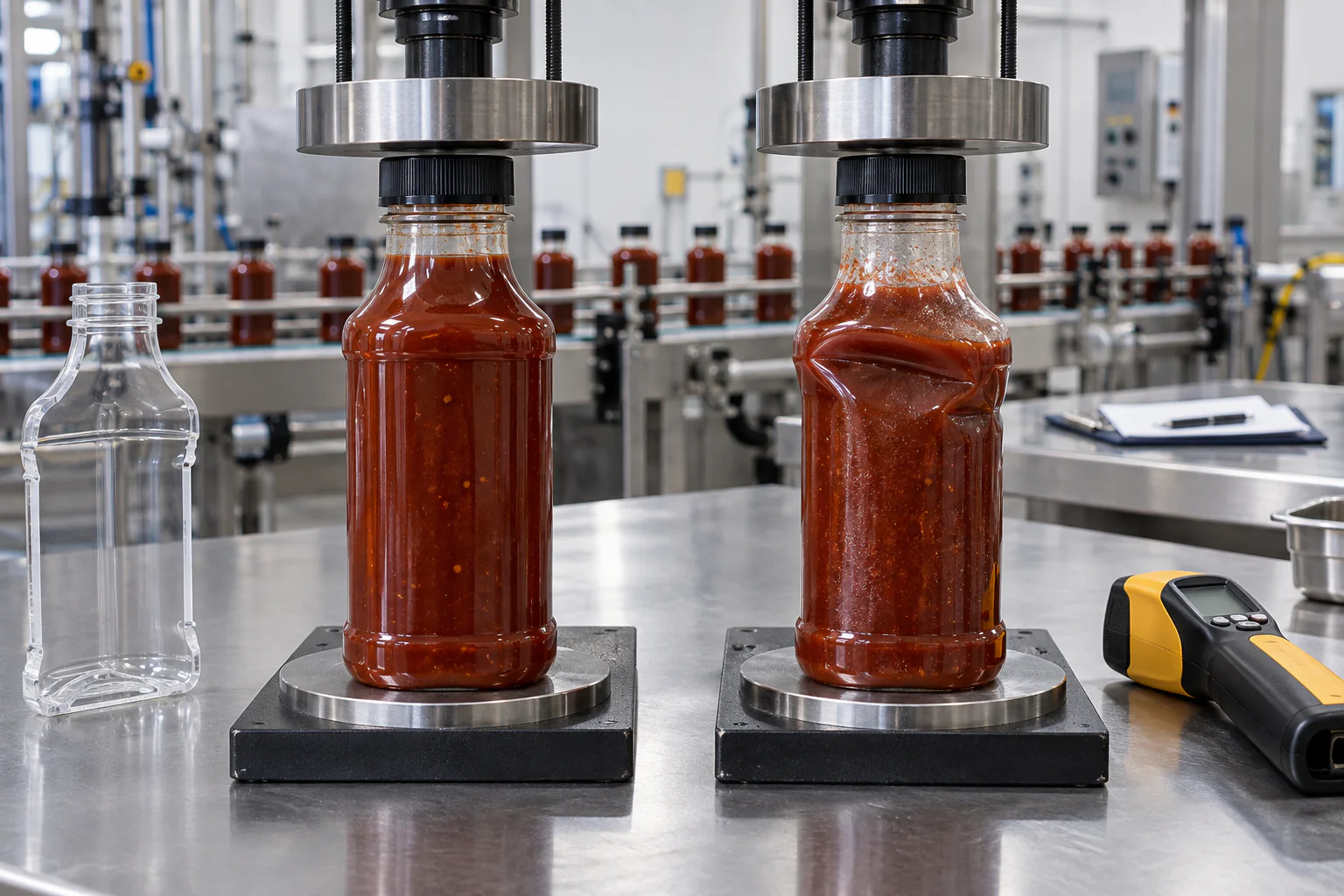 Room-temperature and warm-filled sauce bottles compared during wall-buckling top-load tests