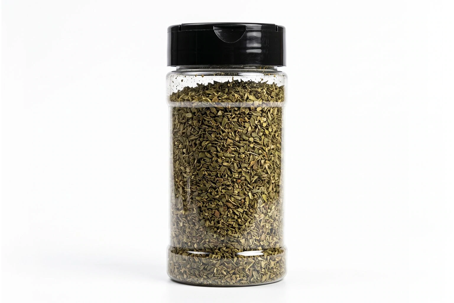Clear cylindrical herb jar with a closed black dual-flapper cap